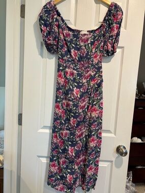 Astr Navy Midi Dress with Pink Floral Print